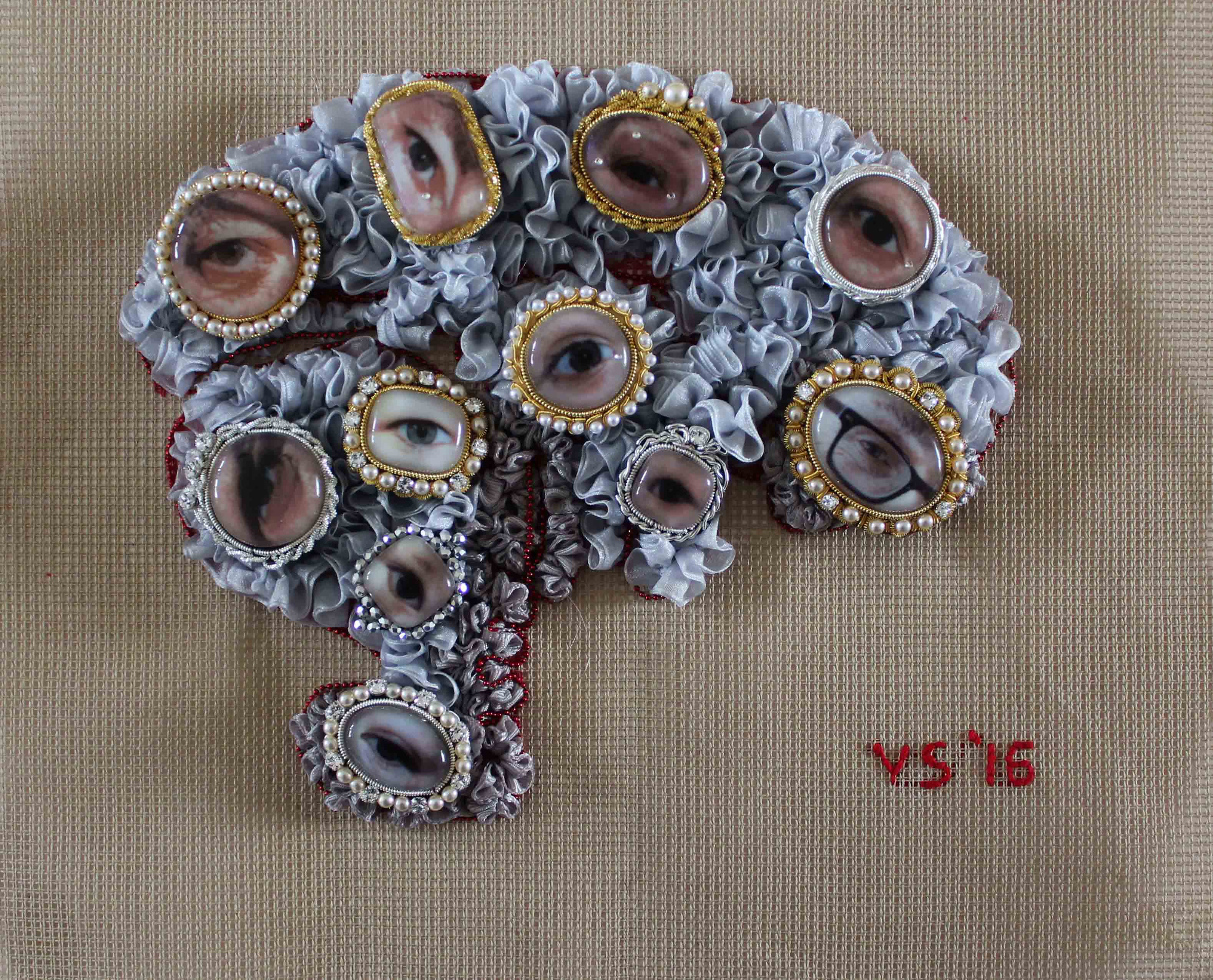 Image of textile brain and eye gems attached