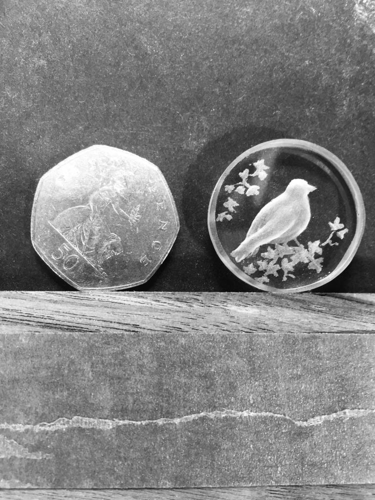 goldfinch reverse intaglio engraved onto glass