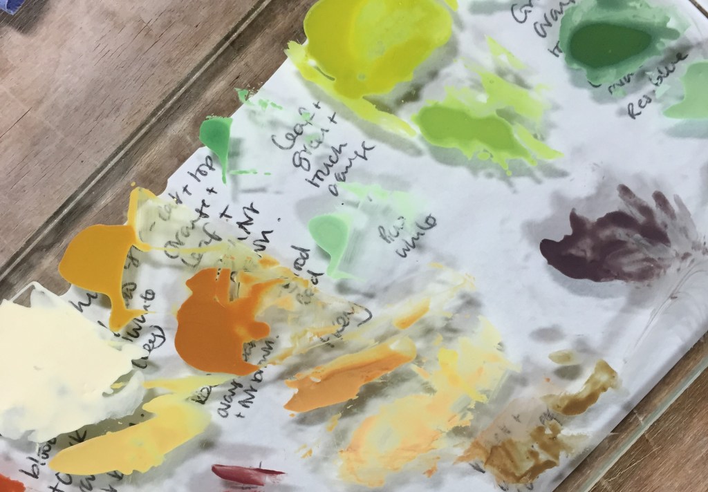 Glass painting pallet showing enamel paints