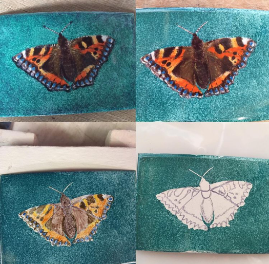 Enamel on metal butterfly painting in layers
