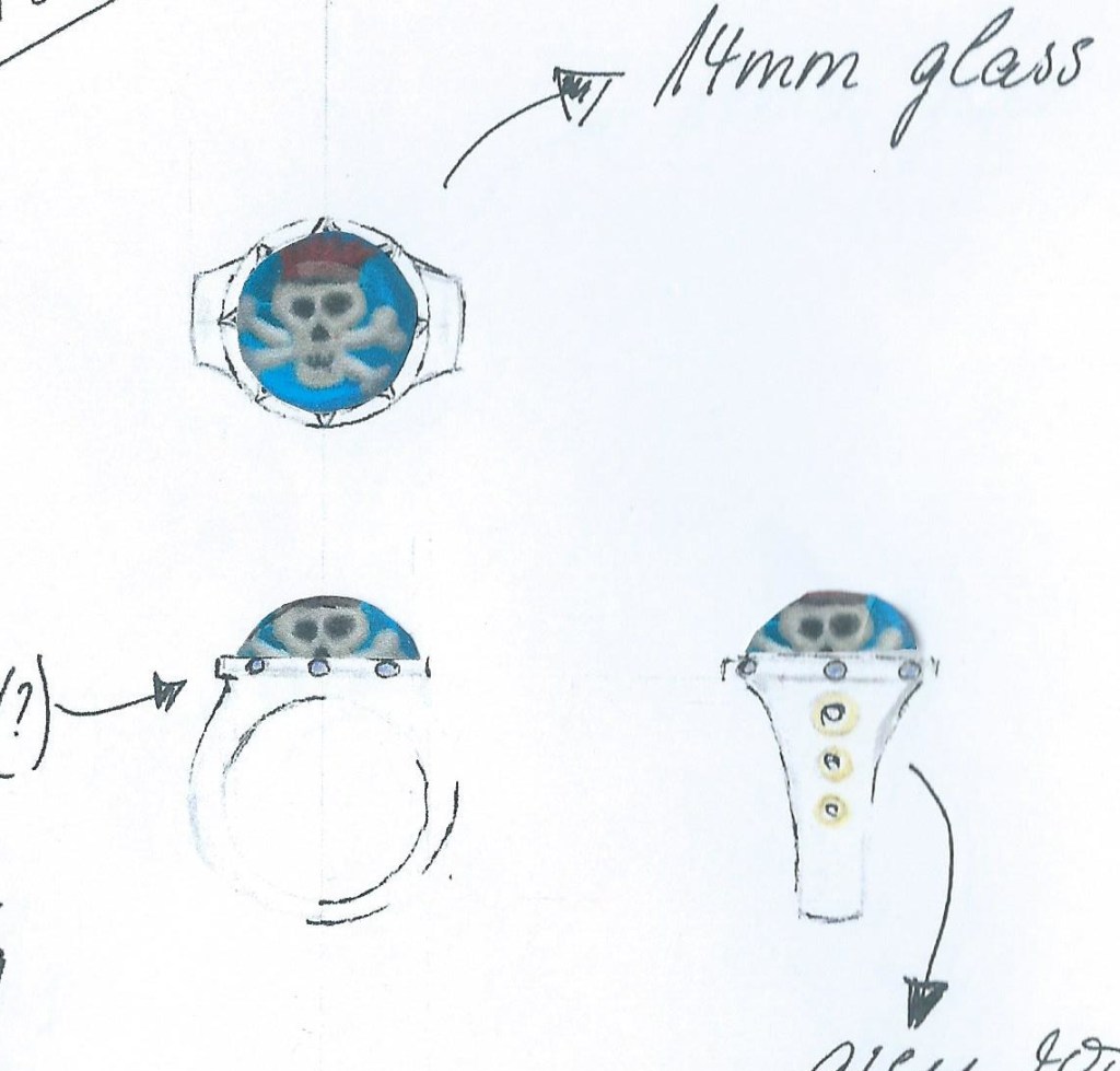 Designs for a memento mori ring by Isabelle Capitain, with collaged skull crystals by Victoria Scholes